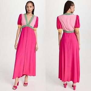 Saloni Lea Colorblock Crepe Maxi Dress Pink Green Size 4 US